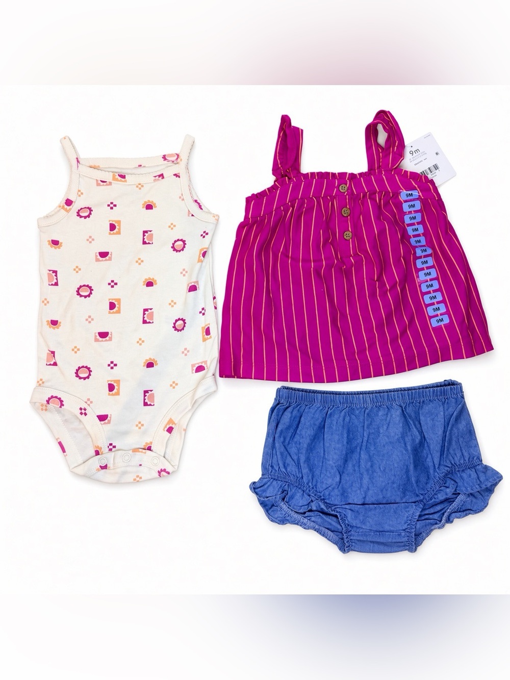 Carter’s 9M 3-Piece Baby Girl Set Magenta Stripe Top Bloomers Romper NWT